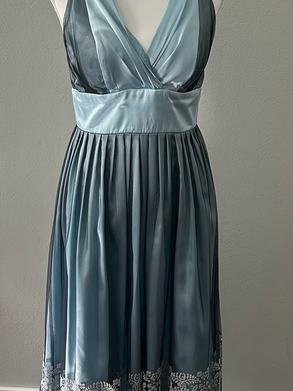 Morgan & Co. Light Blue V-Neck Pleated Midi Dress with Black Sheer Overlay